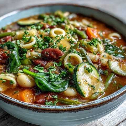 Spoonful of classic Minestrone Soup in a cozy bowl, steam rising over beans, pasta, and spinach.
