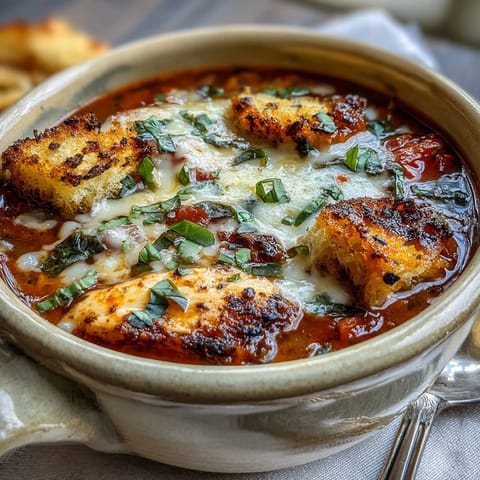 In a pot, Grilled Chicken Parmesan Soup simmers with diced vegetables, tomatoes, and herbs, featuring grilled chicken strips.