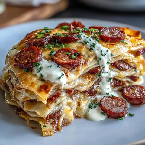 Creamy Crockpot Pierogi Casserole With Kielbasa garnished with fresh parsley and melted cheese.