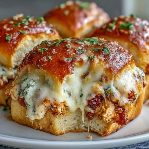 Fresh parsley garnish and celery sticks sit beside these warm, cheesy sliders, perfect for a game day snack.