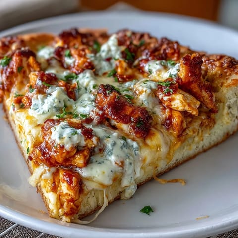 A golden-crust Buffalo Chicken Pizza topped with spicy buffalo chicken, ranch dressing, and fresh chives, sliced and ready to serve.