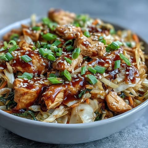 Steam rises from savory Egg Roll Bowls with Chicken and Cabbage featuring tender chicken and crisp vegetables.