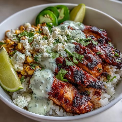 Street Corn Chicken and Rice Bowl plated with juicy sliced chicken, golden rice, charred corn, creamy white crema, fresh cilantro, and lime wedges for squeezing.