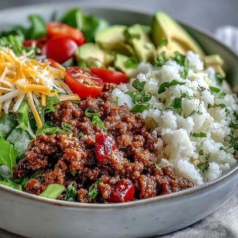 A close view of Low Carb Burrito Bowl with creamy sour cream and shredded cheddar.