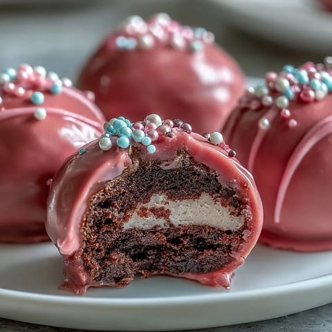A fork lifts a creamy Oreo Truffle Ball with pink candy shell, revealing its rich chocolate center close up.