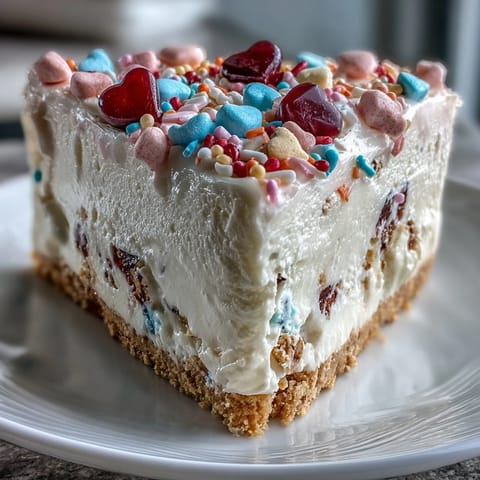 No-bake slice on a dessert plate garnished with rainbow sprinkles for a festive, sweet treat.