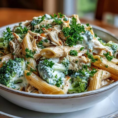 Tossed whole-wheat penne with tender broccoli florets and juicy shredded chicken in a lemony Greek yogurt sauce.