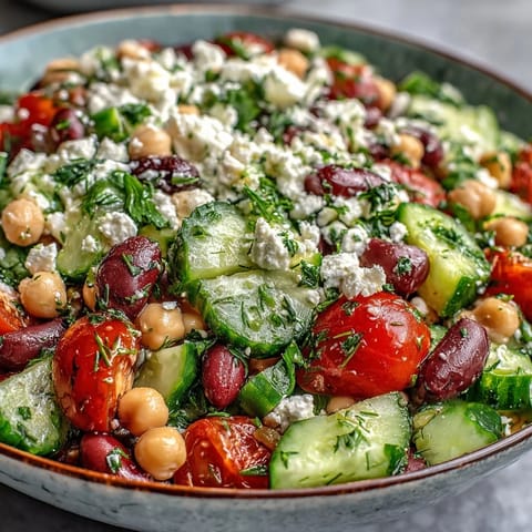 This colorful Greek Bean Salad features marinated beans, briny Kalamata olives, and creamy feta cheese, topped with fresh herbs.