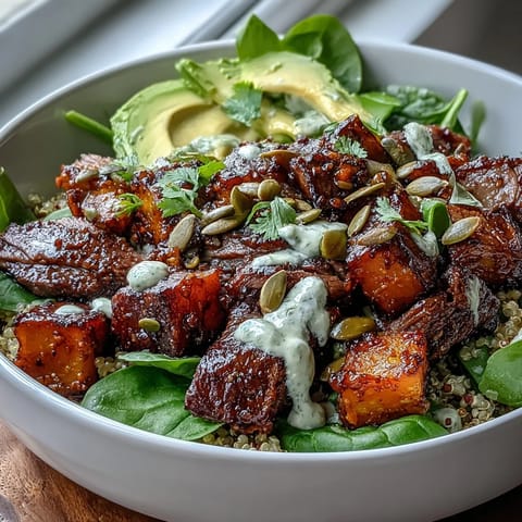 Hearty gluten-free dinner bowls with seared steak, sweet caramelized squash, and vibrant greens in a grain base.
