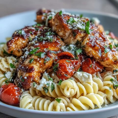 A close-up of Bruschetta Chicken Pasta shows juicy tomatoes, tender chicken pieces, and grated Parmesan garnish over a steaming, cheesy pasta bowl.