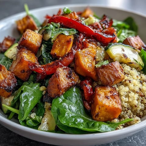This nourishing Warm Salad Bowl is topped with crumbled feta, pumpkin seeds, and fresh herbs on a rustic table.