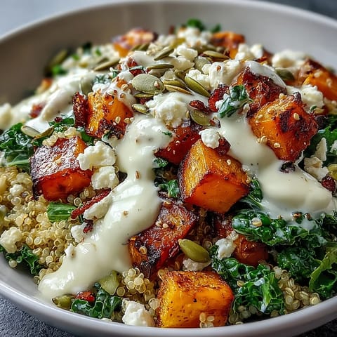 Bright green kale and creamy tahini dressing top this Hearty Winter Grain Bowl, garnished with pumpkin seeds.