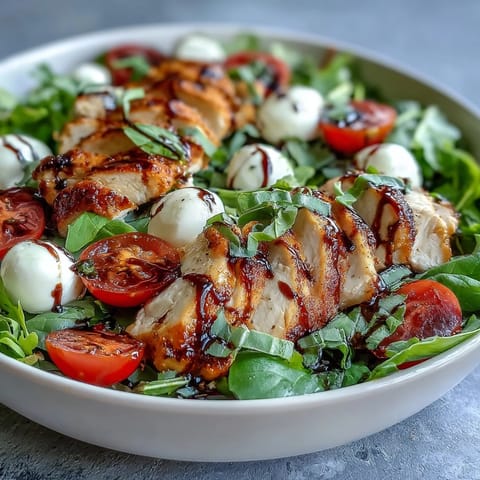 A vibrant Caprese Chicken Bowl features golden grilled chicken, fresh mozzarella, ripe tomatoes, and basil over greens, ready for a light dinner.