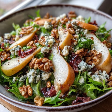 Fresh frisée and sliced ripe pears topped with crumbled blue cheese and crispy prosciutto in a bowl.