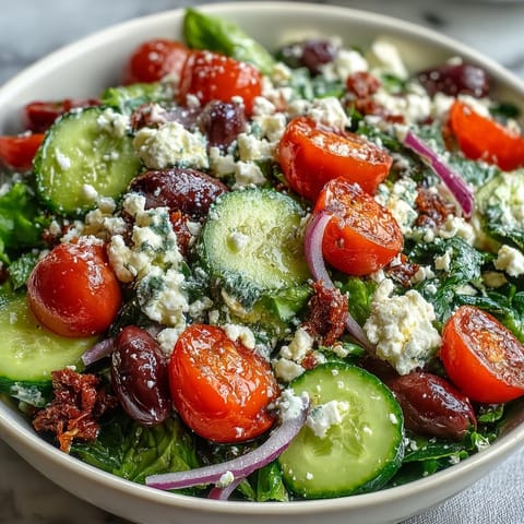 This fresh vegetarian Mediterranean Green Salad Bowl features crunchy cucumbers and briny Kalamata olives, ready to serve as a light lunch.