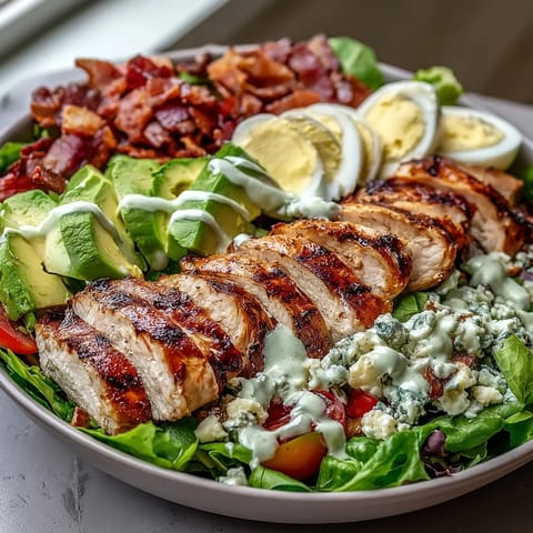 Colorful Cobb Salad Bowl with hard-boiled eggs, tomatoes, and tangy ranch dressing on a bed of greens.