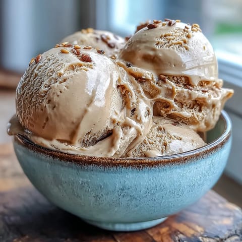 A scoop of Hojicha ice cream melting slightly on a spoon, showing its rich brown color.