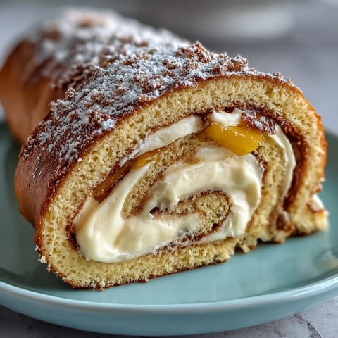 Sliced Hojicha Roll Cake revealing spiraled layers of hojicha cream and mango on a rustic plate.