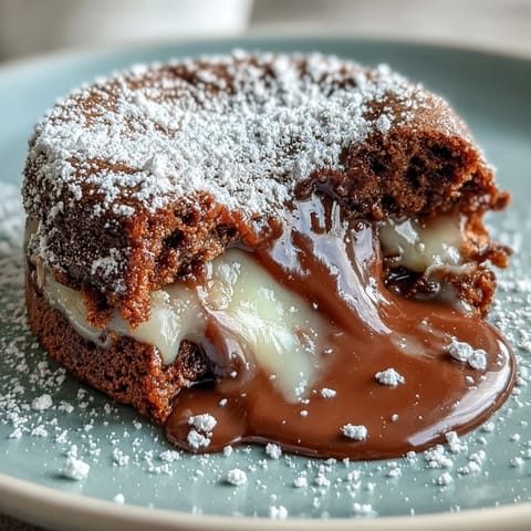 Perfectly plated Hojicha Lava Cake with a dusting of cocoa powder, showing the gooey roasted green tea center. A golden white chocolate cake surrounds the molten core, ready to be paired with vanilla ice cream.