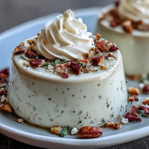 Set Hojicha Panna Cotta unmolded onto a plate, garnished with edible flowers for a delicate presentation.