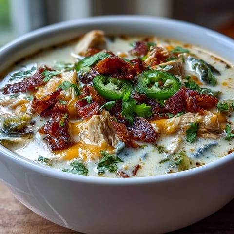 Spicy Jalapeño Popper Chicken Soup simmering in a pot with steam rising and diced jalapeños visible.