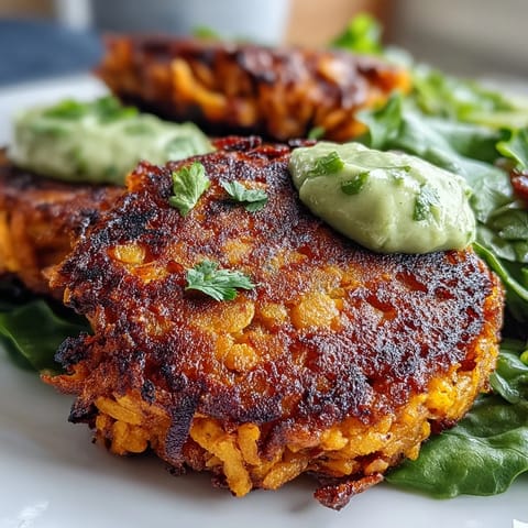 Four golden patties of Crispy Sweet Potato & Red Lentil Patties on a platter with lime wedges.