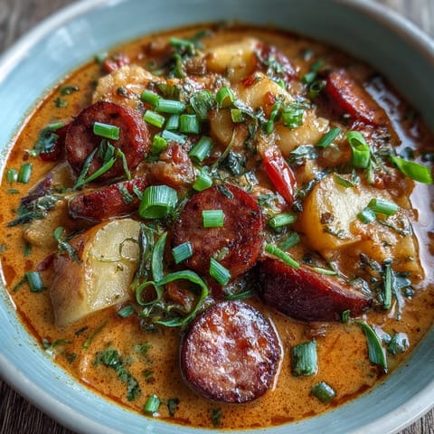 A hearty ladle of Creamy Cajun Potato Soup with Andouille Sausage, featuring tender potatoes and spicy sausage.