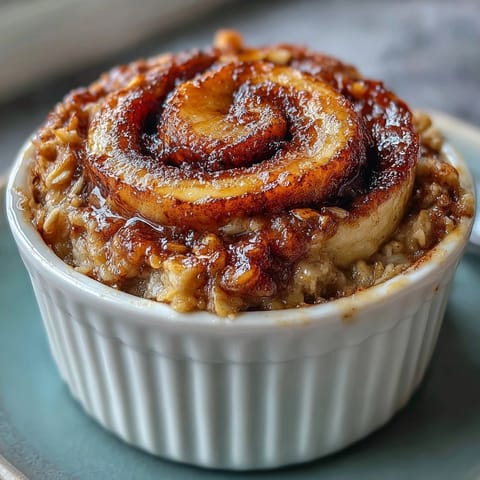 Warm Cinnamon Swirl Protein Banana Baked Oats topped with banana slices in a white ramekin. 