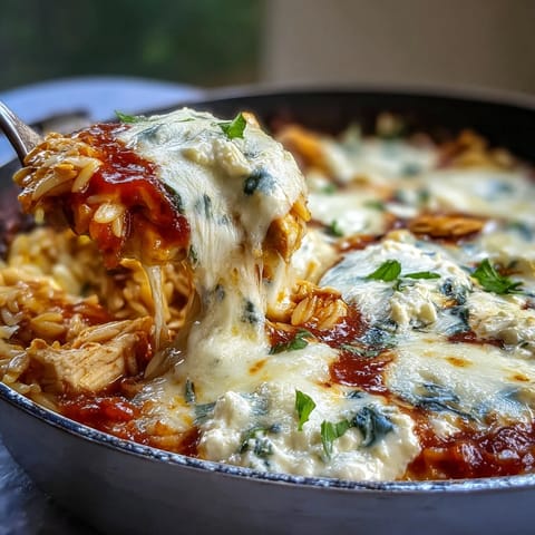 One-Pan Creamy Chicken Lasagna Orzo served with warm garlic bread and green salad.