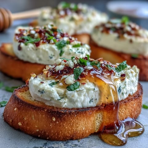 Golden, crispy baguette slices topped with creamy goat cheese, drizzled with sweet hot honey and fresh chives.