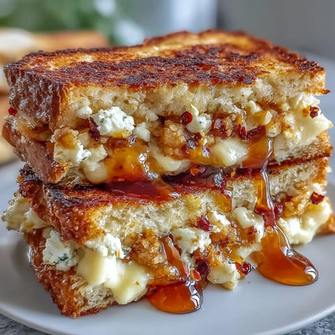 Close-up of Goat Cheese & Hot Honey Chicken Grilled Cheese with melted goat cheese and shredded chicken oozing from crispy sourdough.