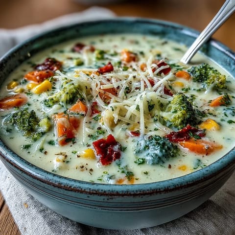 Creamy Garlic Parmesan Veggie Soup ladled into a rustic bread bowl.