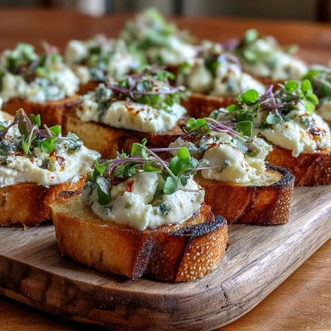 Golden toasted baguette slices topped with creamy hot honey goat cheese crostini, drizzled with spicy-sweet honey and fresh thyme for entertaining.  