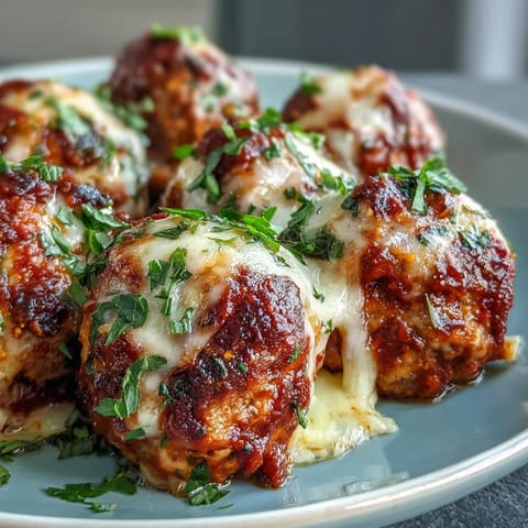 Golden-brown spicy chicken parmesan meatballs bubbling with melted mozzarella and marinara sauce in a baking dish.
