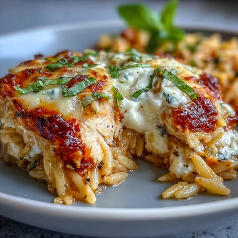 Creamy One-Pan Creamy Chicken Lasagna Orzo bubbling with melted mozzarella in a rustic skillet. 
