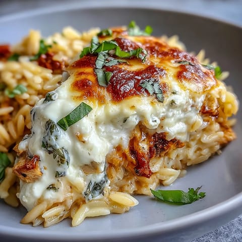 A close-up of One-Pan Creamy Chicken Lasagna Orzo served with fresh basil and garlic bread. 