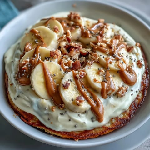A warm slice of High-Protein Breakfast Pizza Bowl drizzled with peanut butter and topped with fresh fruit for breakfast.