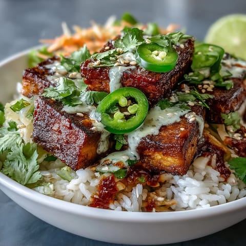 Crispy tofu cubes, pickled carrots, and cucumber over jasmine rice in a bowl, drizzled with sriracha mayo for Vegan Crispy Tofu Banh Mi Bowls.