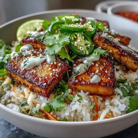 Vegan Crispy Tofu Banh Mi Bowls featuring golden tofu, colorful pickled veggies, cilantro, jalapeños, and sesame seeds with lime wedges on the side.