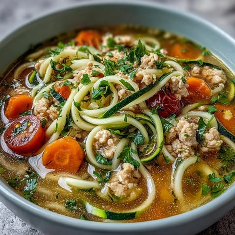 Turkey and Veggie Zucchini Noodle Soup ladled into a rustic white bowl with bright cherry tomatoes and a garnish of fresh parsley. 