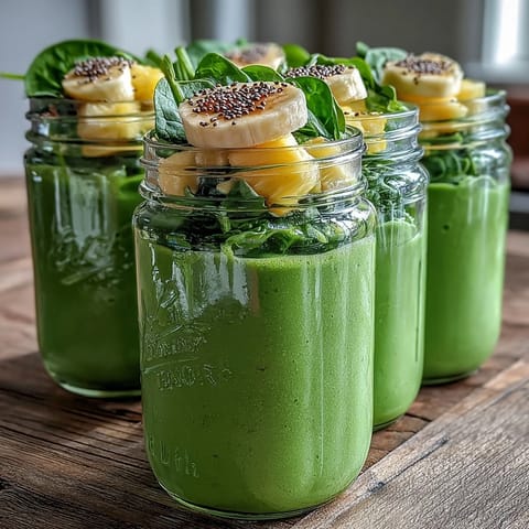 Four mason jars filled with layers of fresh spinach, pineapple chunks, sliced bananas, and chia seeds sit ready for meal prep.