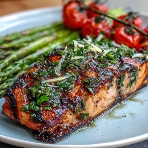 Perfectly grilled Grilled Lemon Herb Salmon served over tender asparagus with burst cherry tomatoes, ideal for a healthy, vibrant Mediterranean-style dinner.