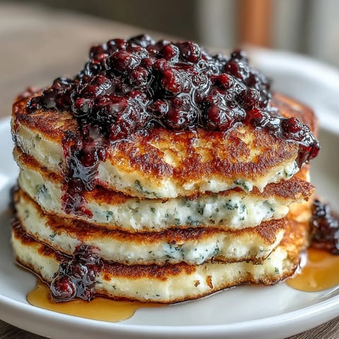 A warm plate of High-Protein Greek Yogurt Pancakes topped with a vibrant blueberry compote, served with maple syrup on the side.