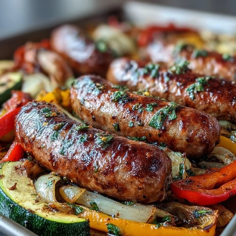 Golden-brown Italian sausages roast beside caramelized peppers and zucchini in this vibrant Sheet Pan Italian Sausage with Peppers and Zucchini dinner.