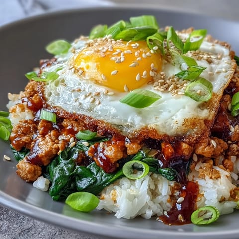 A close-up of the Creamy Korean Turkey Rice Skillet with halved jammy eggs, green onions, and sesame seeds.