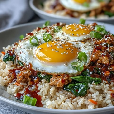 Golden yolks of jammy eggs glisten atop a sizzling skillet of Creamy Korean Turkey Rice Skillet with vibrant carrots and spinach.