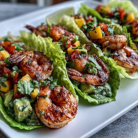Lightened-Up Mango Salsa Shrimp Lettuce Tacos with juicy shrimp and fresh mango salsa in crisp lettuce cups.