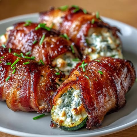 Keto bacon-wrapped zucchini boats with cheesy herb filling, golden and crispy, served on a rustic baking tray.  