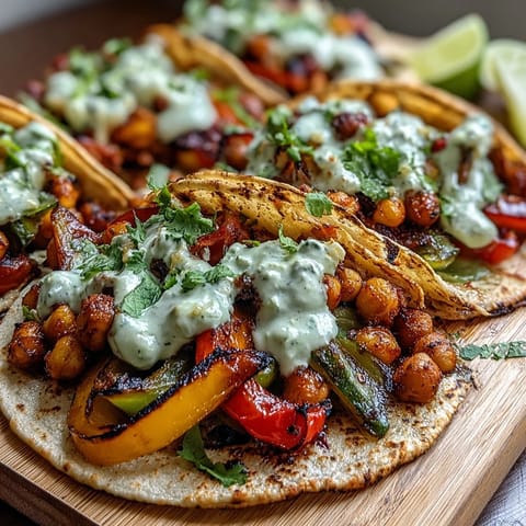 Rainbow Veggie and Chickpea Sheet Pan Fajitas with Guac Yogurt Drizzle, a vibrant plant-based dinner, roasted to perfection and drizzled with creamy avocado sauce.