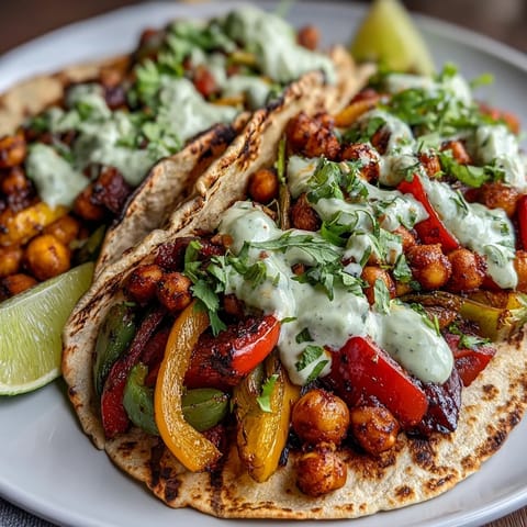 Colorful roasted bell peppers, zucchini, and chickpeas on a sheet pan, served with warm tortillas and a tangy guac yogurt drizzle for a healthy Tex-Mex meal.